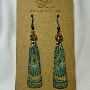 Brass Patina Sunburst Earrings with Vintage Bead